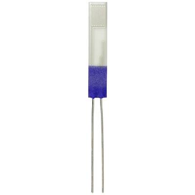 Een kleine, langwerpige sensor met een blauwe basis en twee metalen aansluitingen onderaan. Bovenste gedeelte met gestructureerde lijnen.