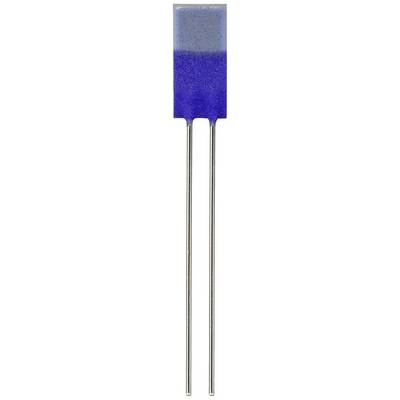 Een blauwe aluminium-elektrolytcondensator met twee uitstekende metalen poten, verticaal geplaatst.