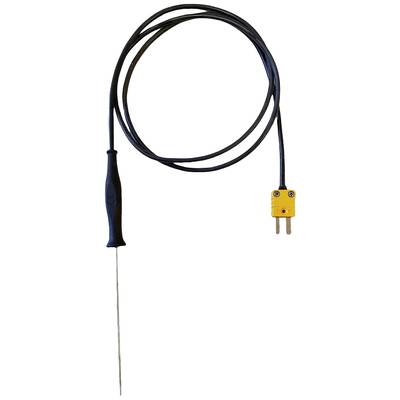 Een digitale temperatuursensor-thermometer met zwart kabel en gele stekker, geschikt voor het meten van vloeistoffen of voedingsmiddelen.