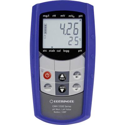 Een digitaal meetapparaat met een blauwe behuizing toont '4,26' en '25°C' op het display. Onder het display zijn knoppen voor kalibratie en navigatie zichtbaar.