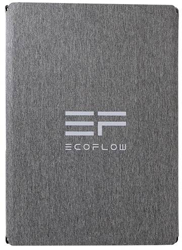 Een rechthoekig, grijs voorwerp met het 'EcoFlow' logo in het midden.