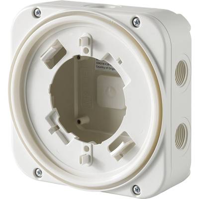 Een witte elektrische aansluitdoos met meerdere openingen en schroefbevestigingen, geschikt voor wandmontage.