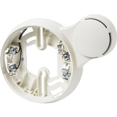 Ronde, witte montageplaat voor elektronische apparaten met meerdere bevestigingspunten en kabelaansluitingen, met een centraal cirkelvormig ontwerp.