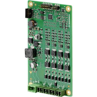 Een groene elektronische printplaat met verschillende componenten en aansluitingen. Voornamelijk voor technische toepassingen.
