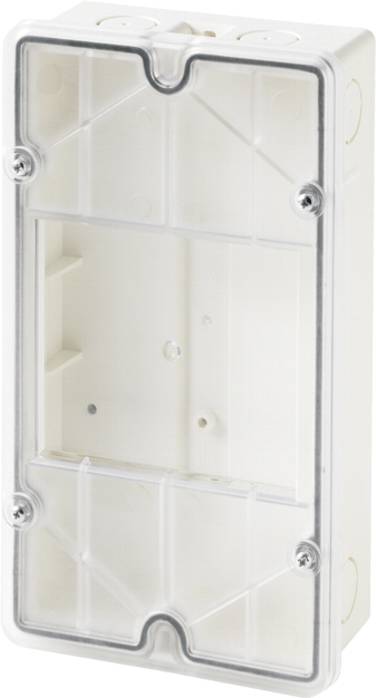 Transparante, rechthoekige kunststof doos met schroefgaten in de hoeken. Hij wordt waarschijnlijk gebruikt voor de bescherming van elektronische componenten.