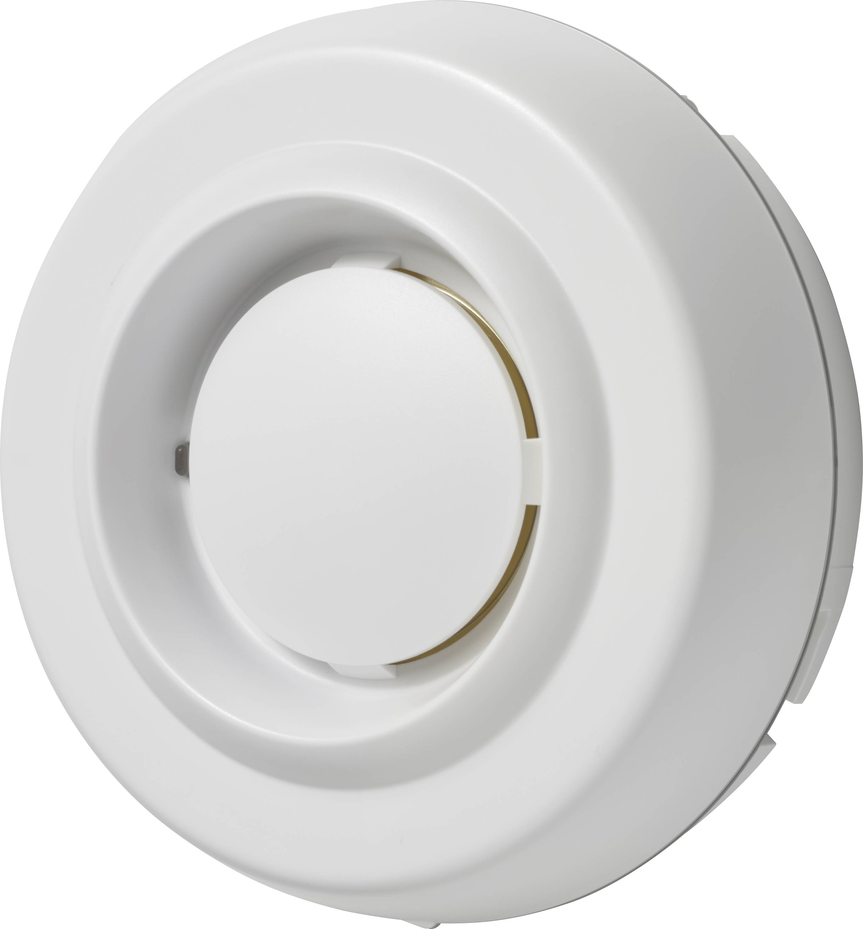 Ronde, witte rookmelder met centrale sensor. Geschikt voor plafondmontage voor vroegtijdige branddetectie in binnenruimtes.