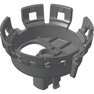 3D-model van een rond, technisch onderdeel met talrijke openingen en steunbalken. Schematische weergave voor technische toepassingen.
