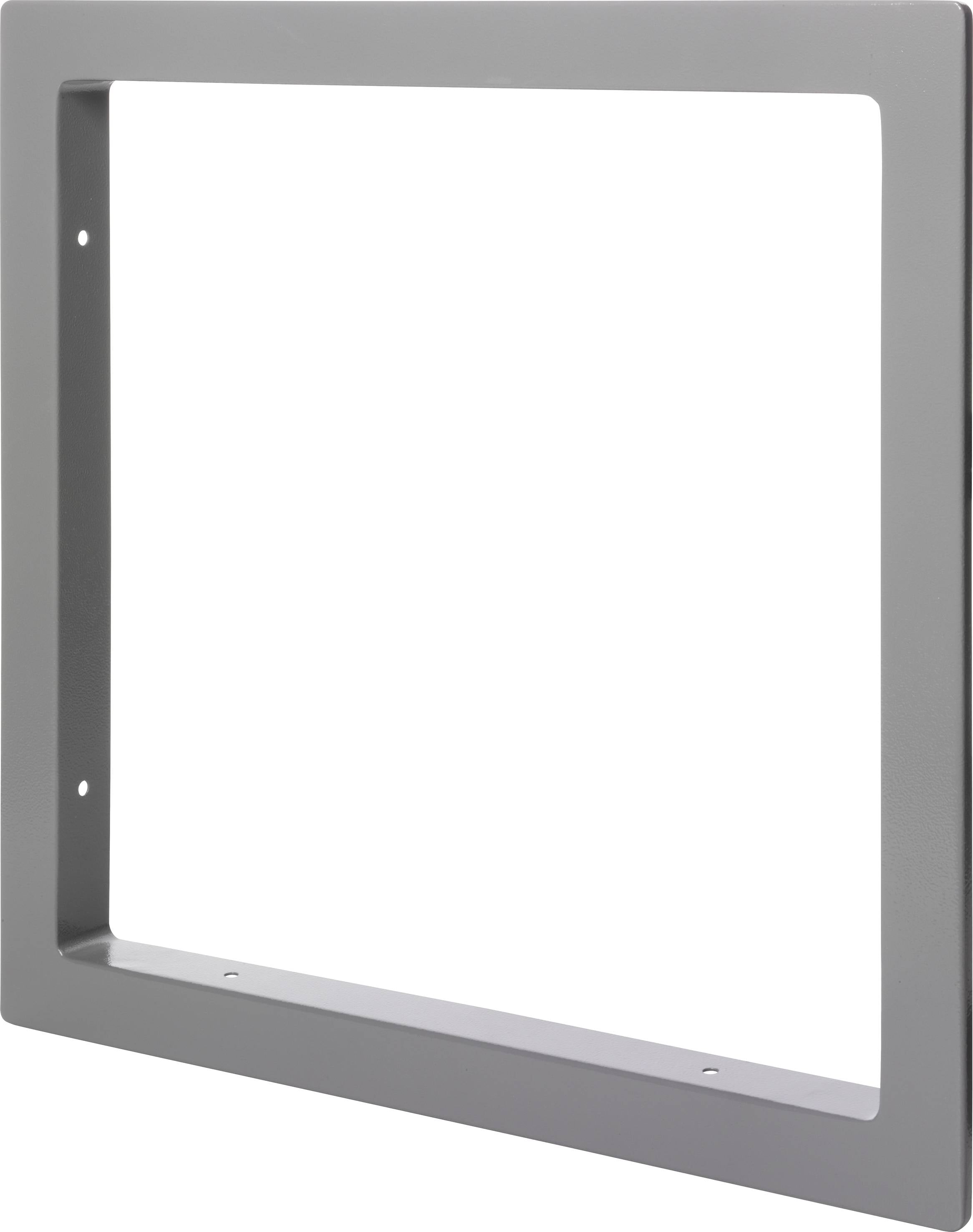 Grijze vierkante metalen omlijsting met schroefgaten in de hoeken, geschikt voor het omlijsten van apparaten of monitors.