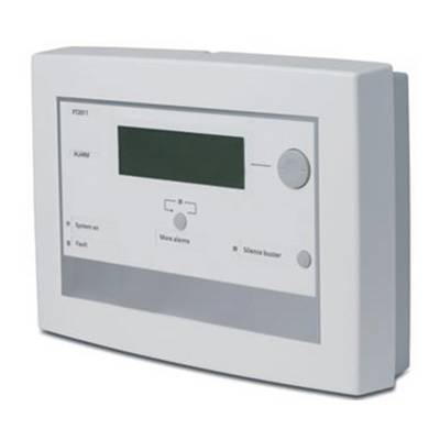 Een witte elektronische stuurkast met digitaal display en meerdere drukknoppen voor het besturen en bewaken van systemen.