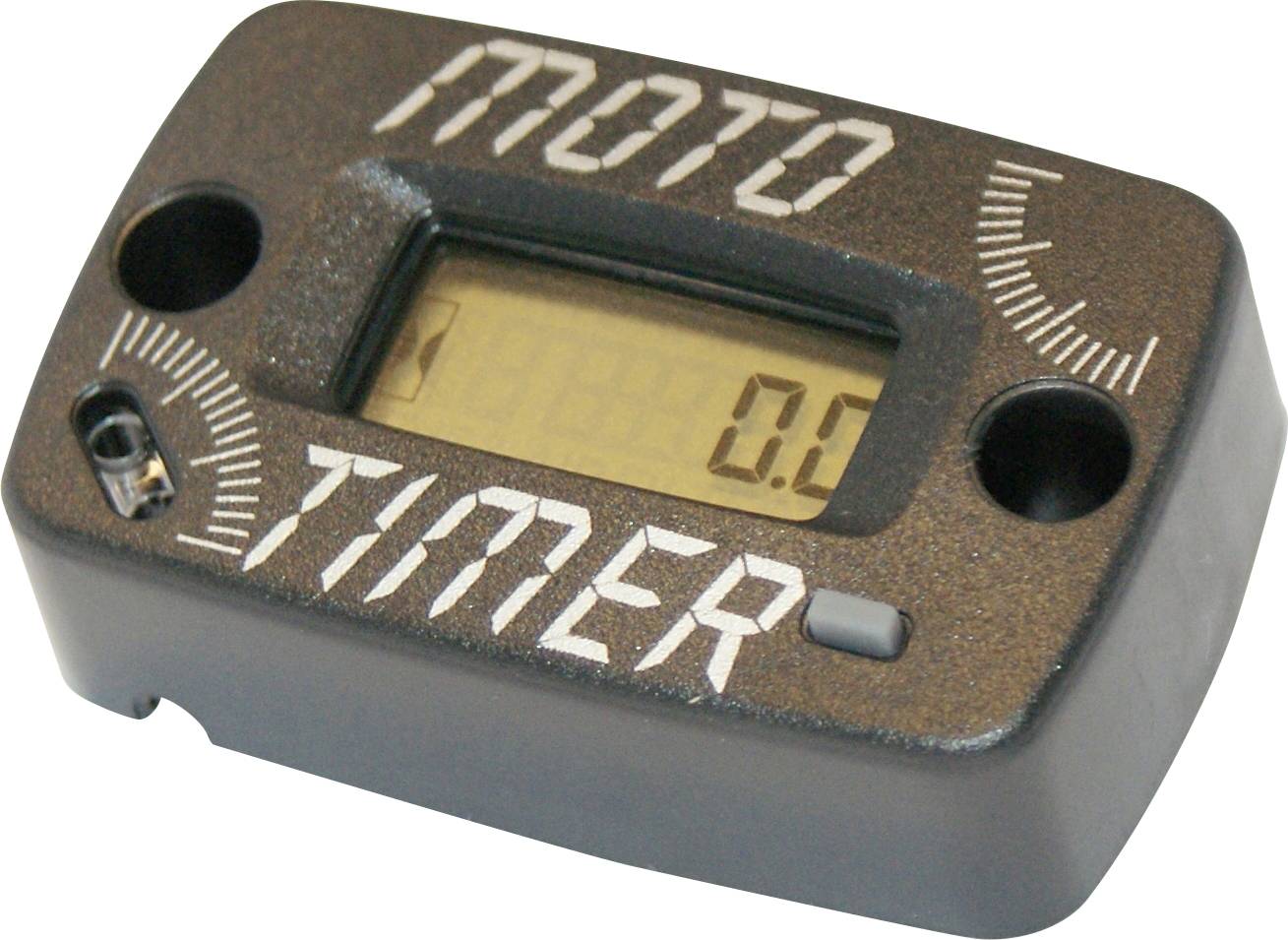 Elektronische timer met display en het opschrift 'MOTO TIMER'. Wordt gebruikt voor tijdmetingen bij motorfietsen.
