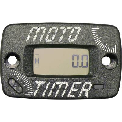 Zwart digitaal motortimerdisplay met opschrift 'MOTO TIMER'. Toont 0.0. Ovaal ontwerp met twee bevestigingsgaten.