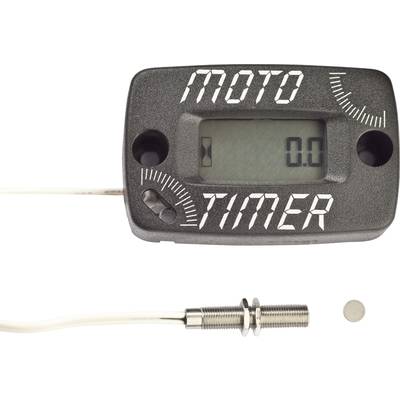 Digitale 'Moto Timer' met een display dat '0.0' weergeeft, twee cirkelvormige meters en een bijbehorende sensor met aangesloten kabel.