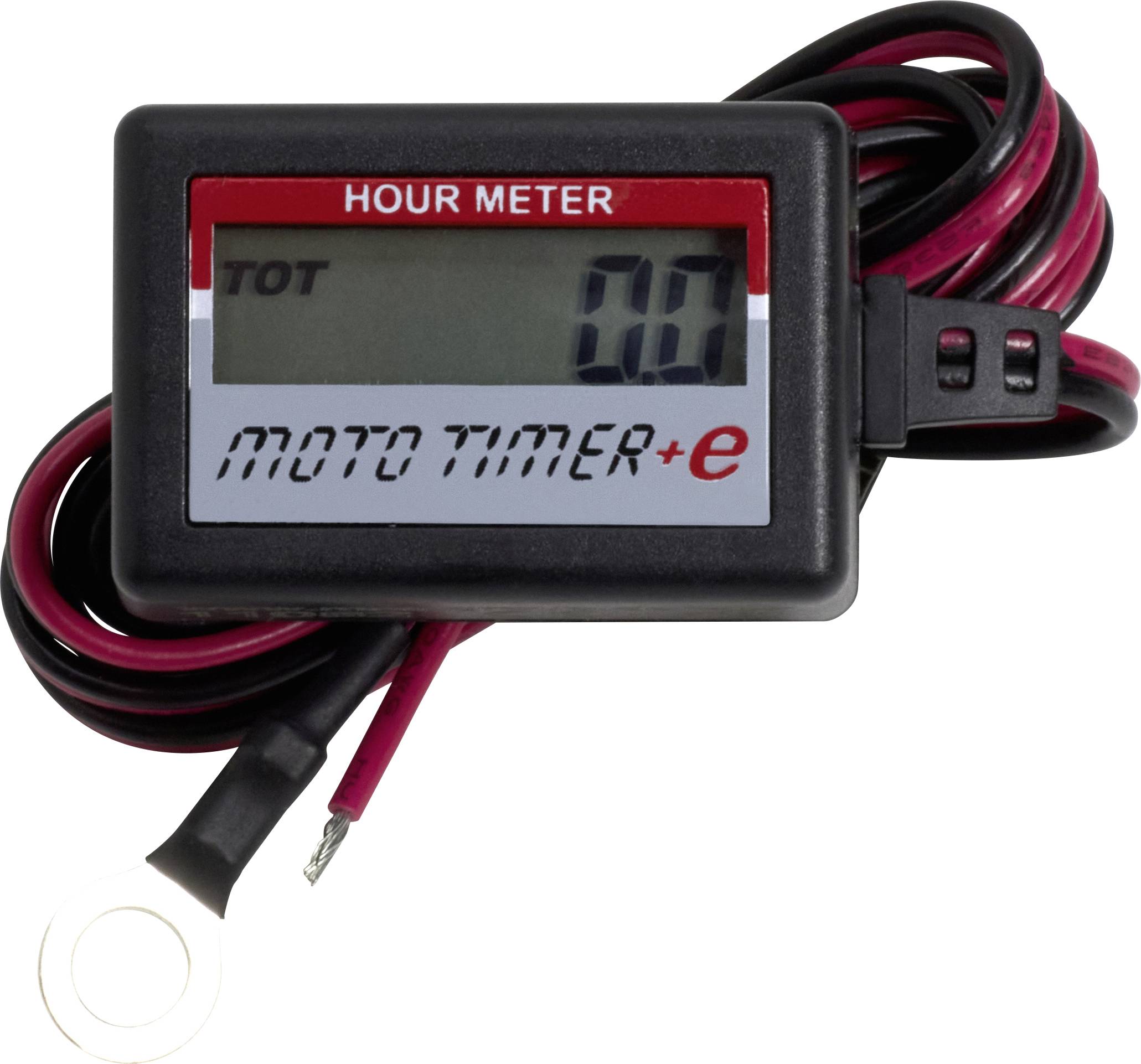 Een digitale urenteller met de woorden 'MOTO TIMER+e' en 'HOUR METER'. Zwarte behuizing met rode en zwarte kabels.
