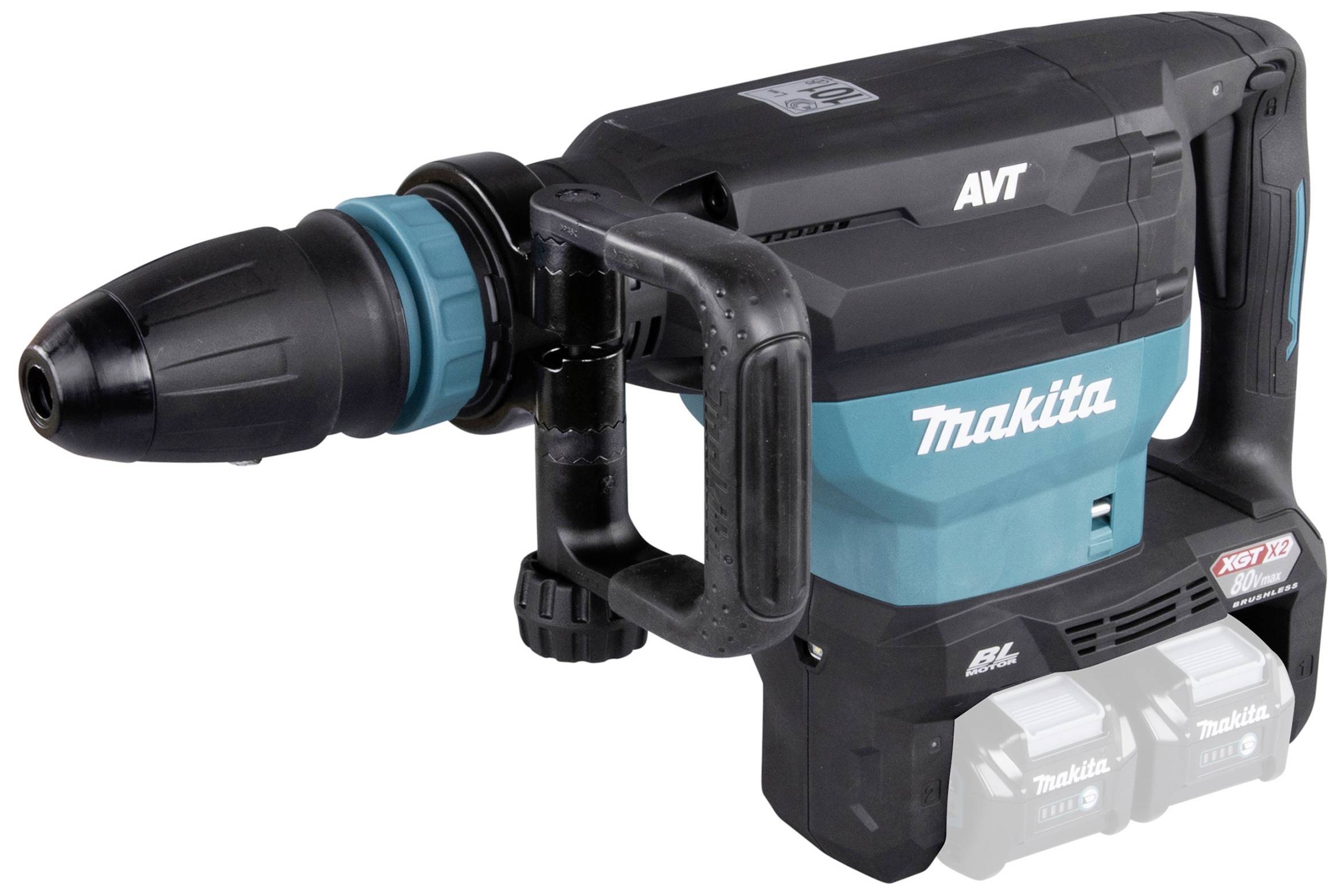 Een zwarte en blauwe Makita-breekhamer met twee accu's, handgreep aan de zijkant en boormotor links.
