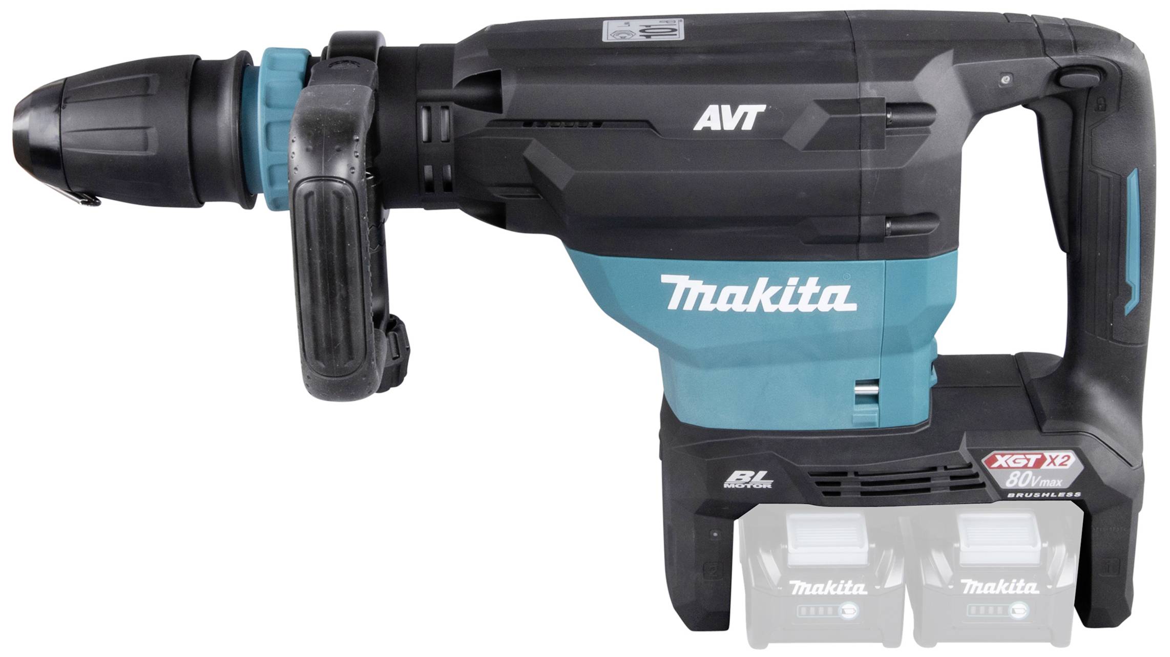 Een Makita boorhamer in blauw en zwart. Hij heeft een groot handvat en is geschikt voor zware werkzaamheden.