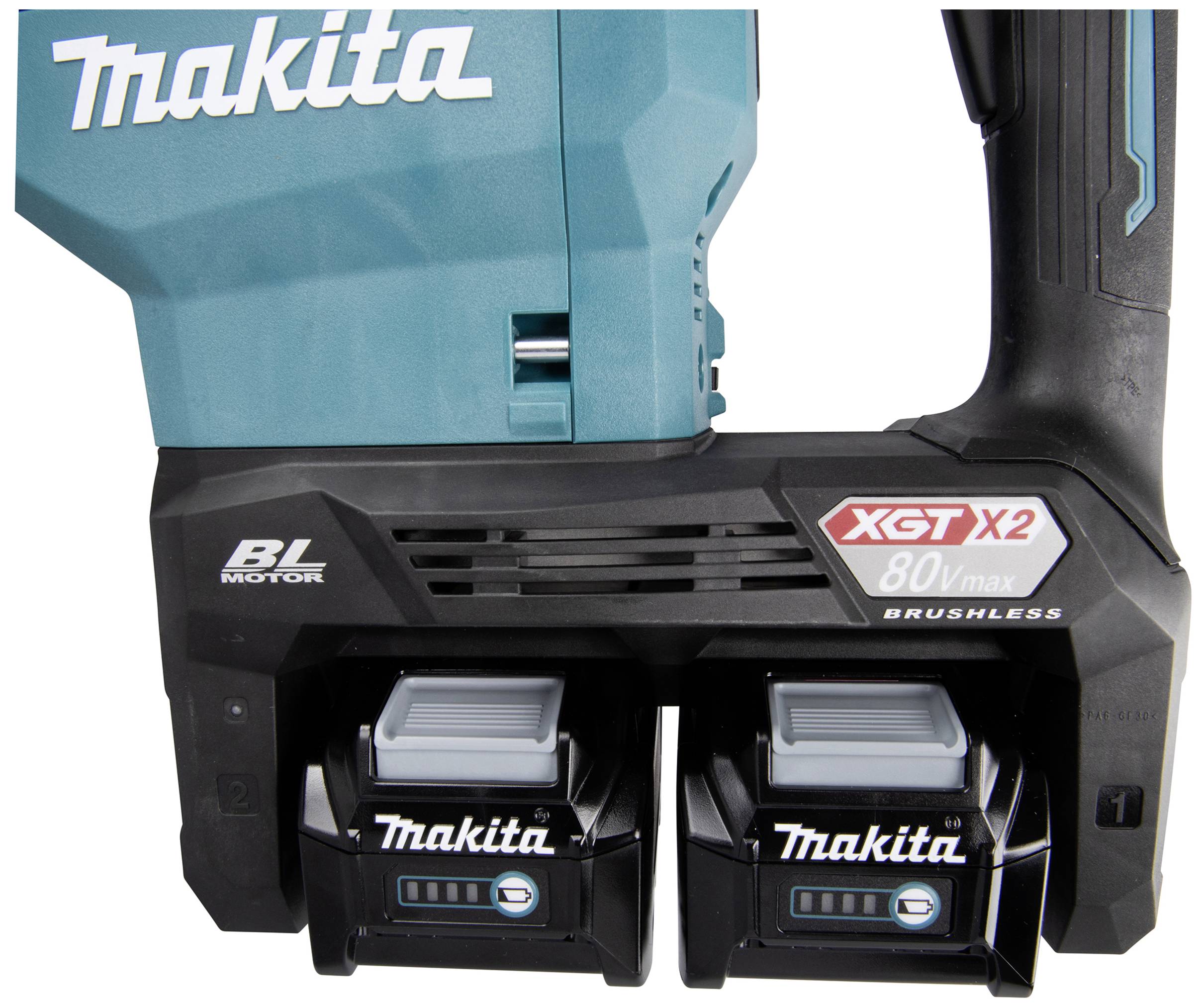 Een Makita-zaag met twee accu's, model XGT X2, 80 V.