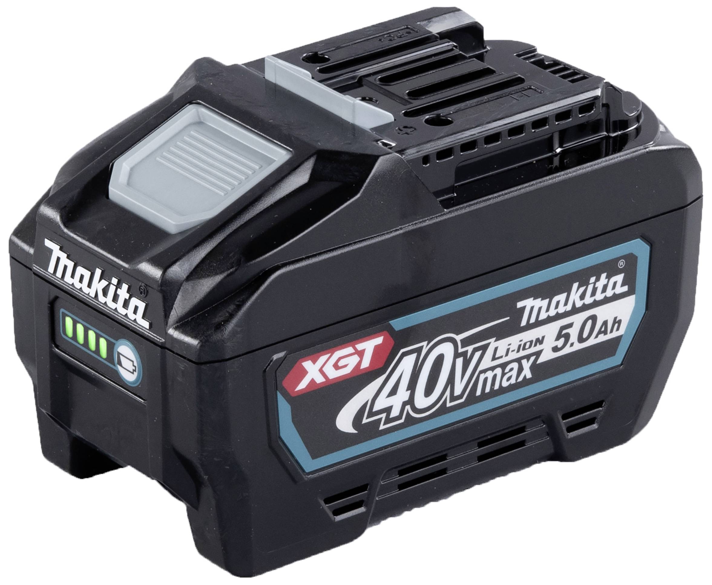 Zwarte accu van het merk Makita, model XGT 40V max, Lithium-Ion 5,0 Ah. Toont laadstatus met vier verlichte balken.