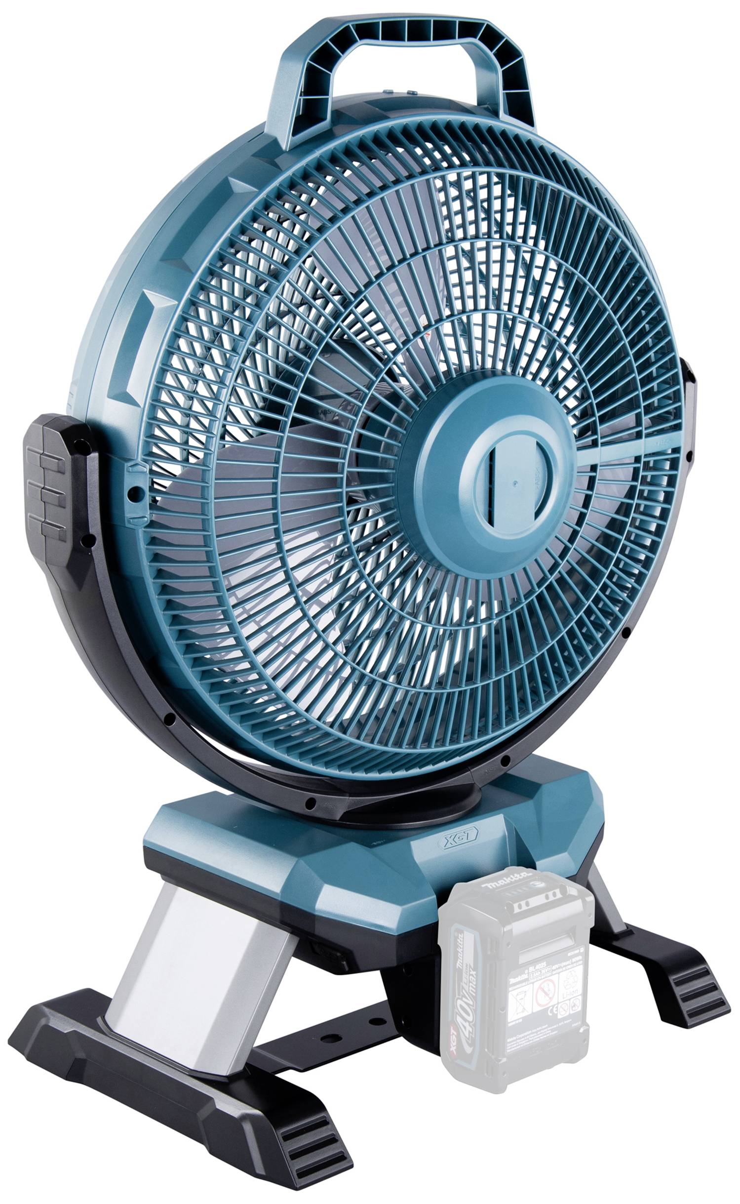 Een draagbare ventilator op een standaard, aangedreven door een accu. Ideaal voor mobiele of flexibele koelbehoeften.