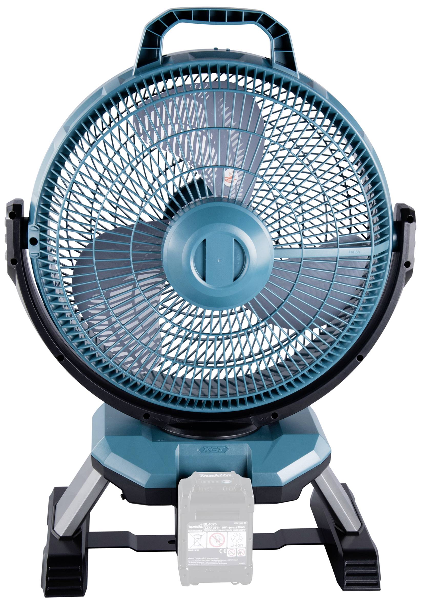 Een grote, blauwe statiefventilator met beschermrooster en een stabiele voet, geschikt voor gebruik in ruimtes ter bevordering van de luchtstroom.