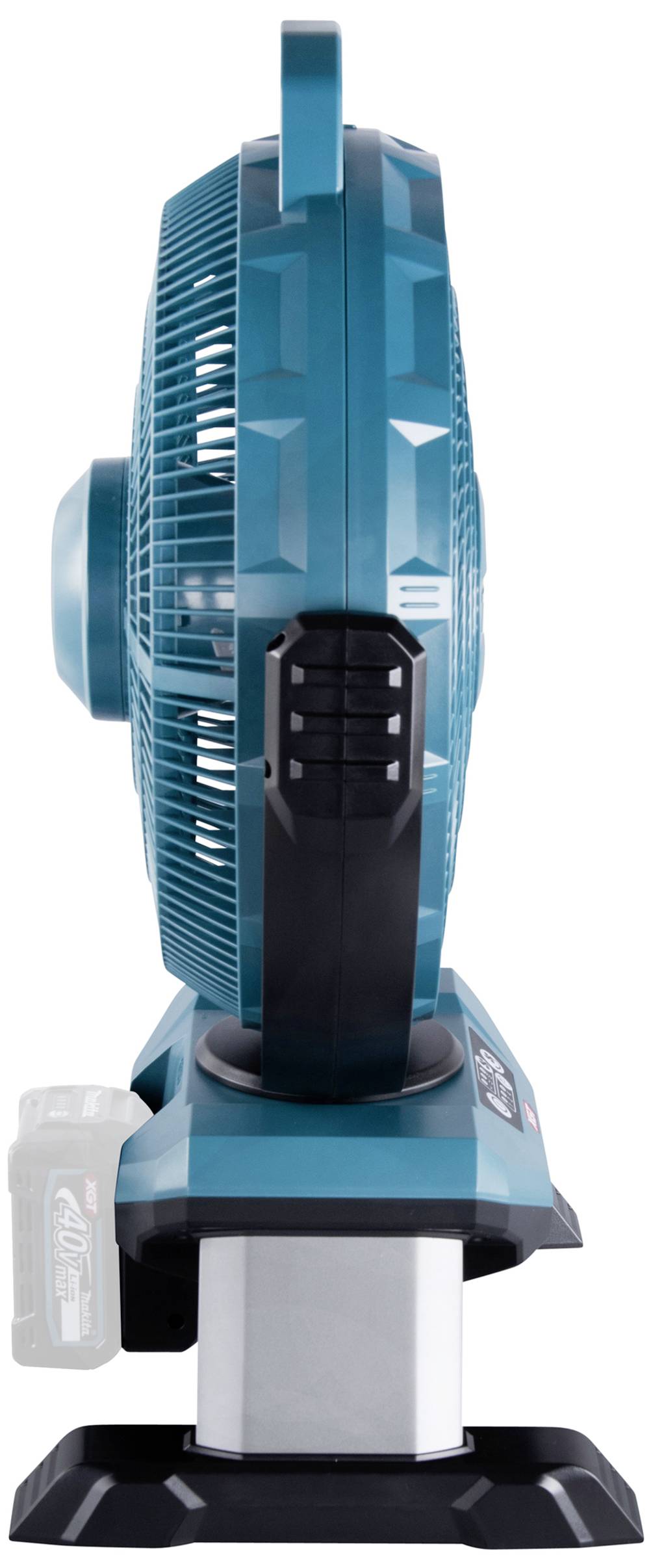 Draagbare blauwe ventilator met zijaanzicht, rechtop staand, geschikt voor gebruik onderweg of in kleine ruimtes.
