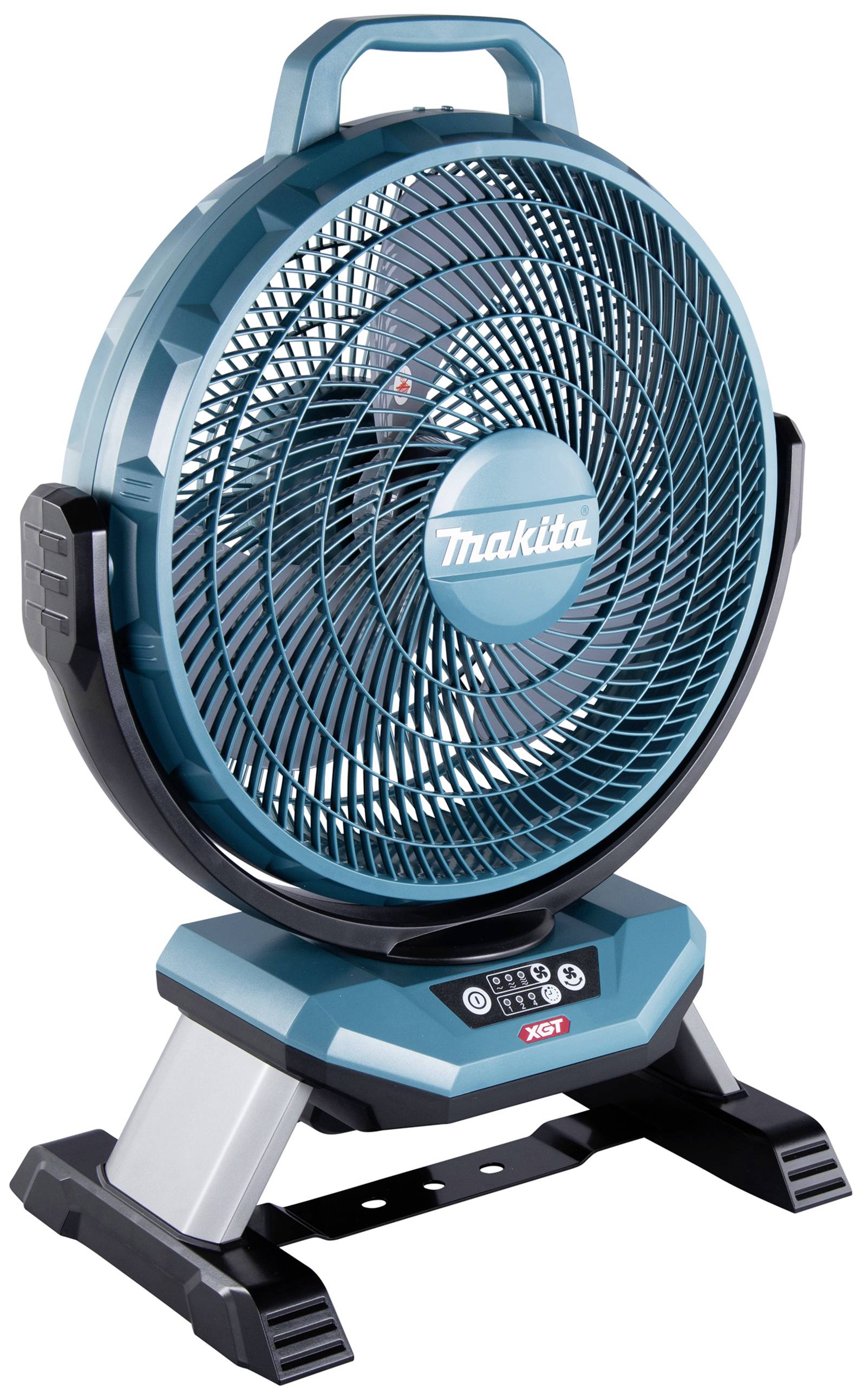 Een op batterij werkende blauwe ventilator van Makita met een digitaal bedieningspaneel. Ideaal voor draagbare koeloplossingen.