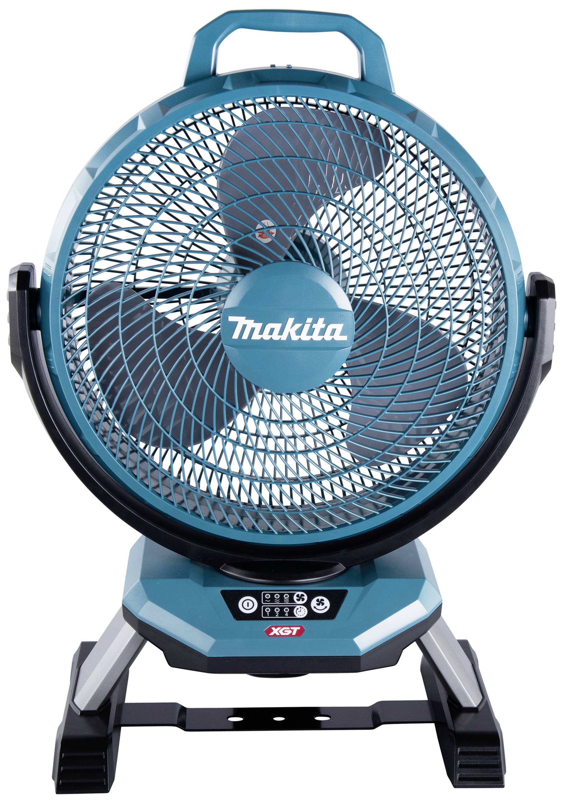 Een blauwe ventilator van het merk Makita staat rechtop. De ventilator is geschikt voor gebruik in werkplaatsen of op bouwplaatsen.