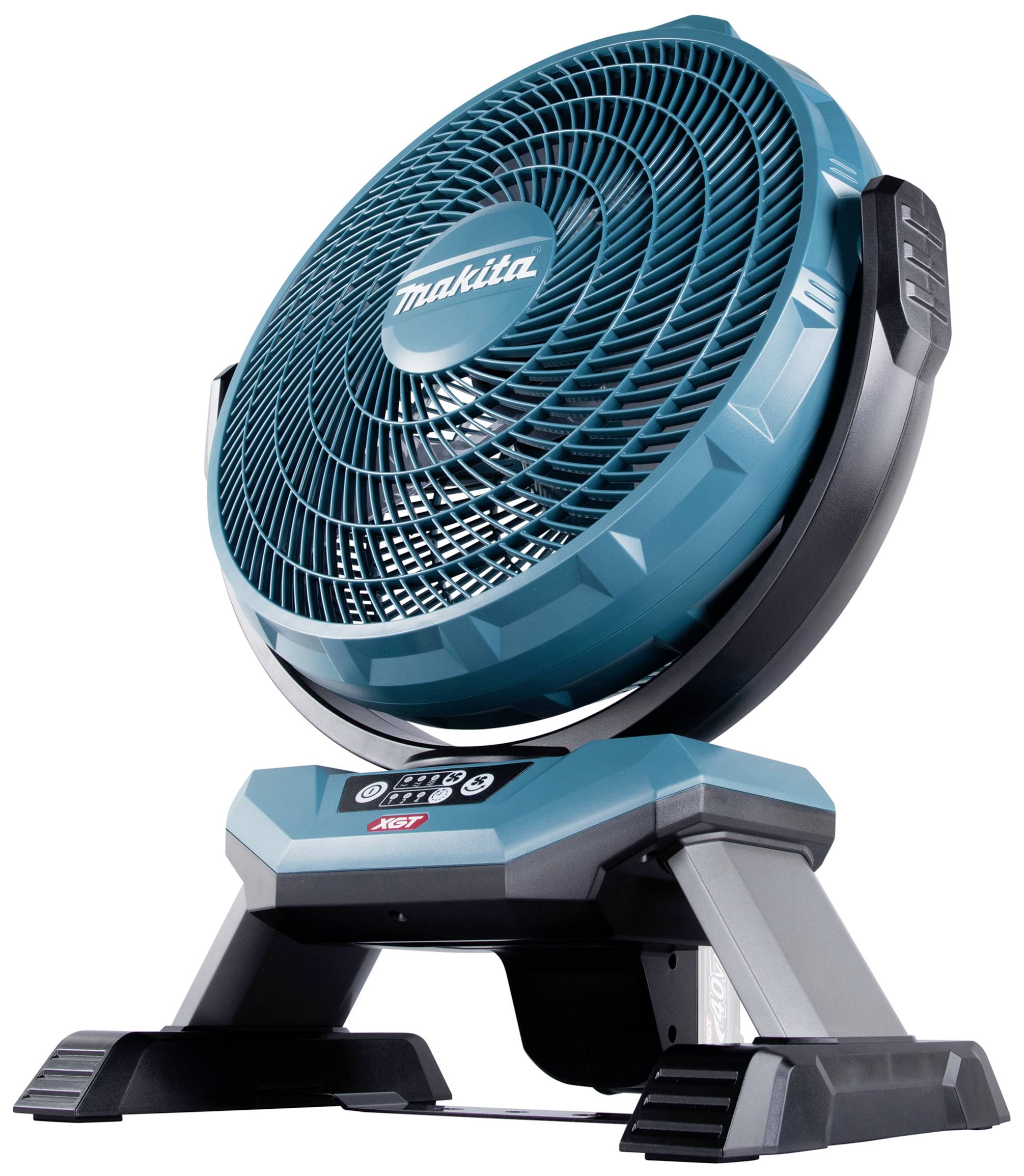 Draagbare blauwe en zwarte ventilator van het merk 'Makita' met een stabiele voet, geschikt voor gebruik op bouwlocaties of in huis.