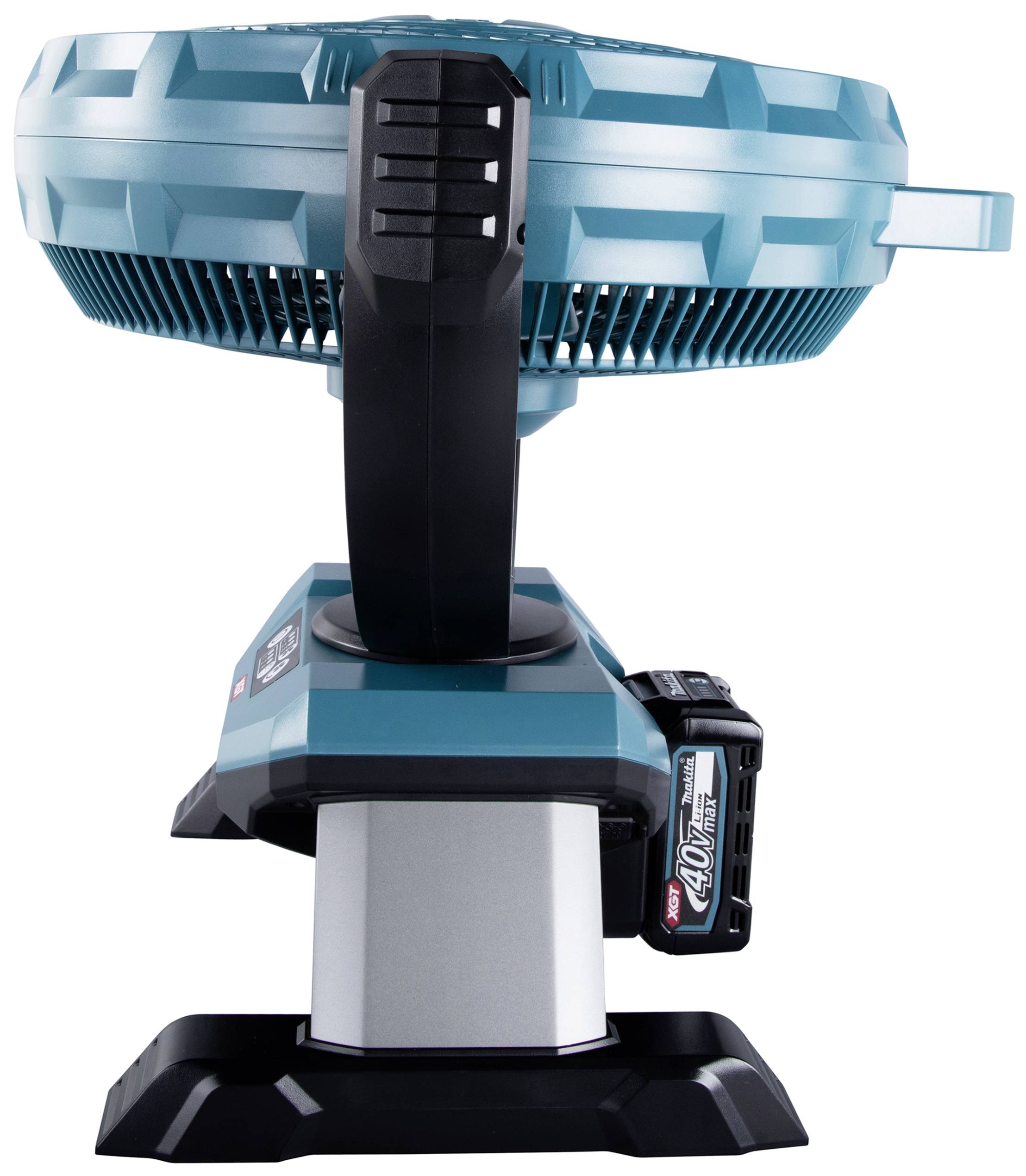 Een draagbare, draadloze ventilator in blauw-groen met een zwarte voet en een grote accu. Perfect voor mobiel gebruik.