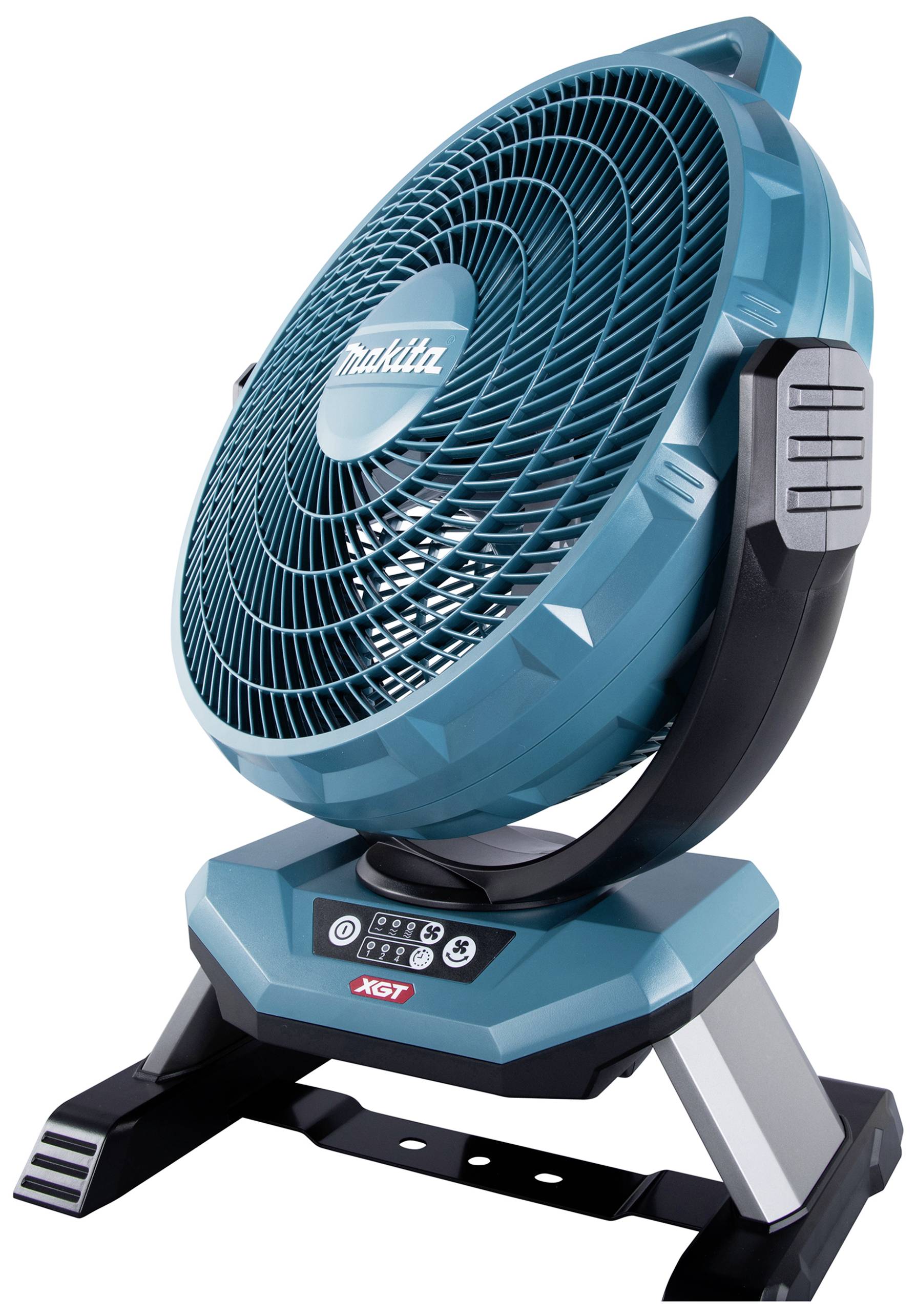 Draagbare, turquoise ventilator met modern design, stevig onderstel en bedieningspaneel. Ideaal voor flexibel gebruik.