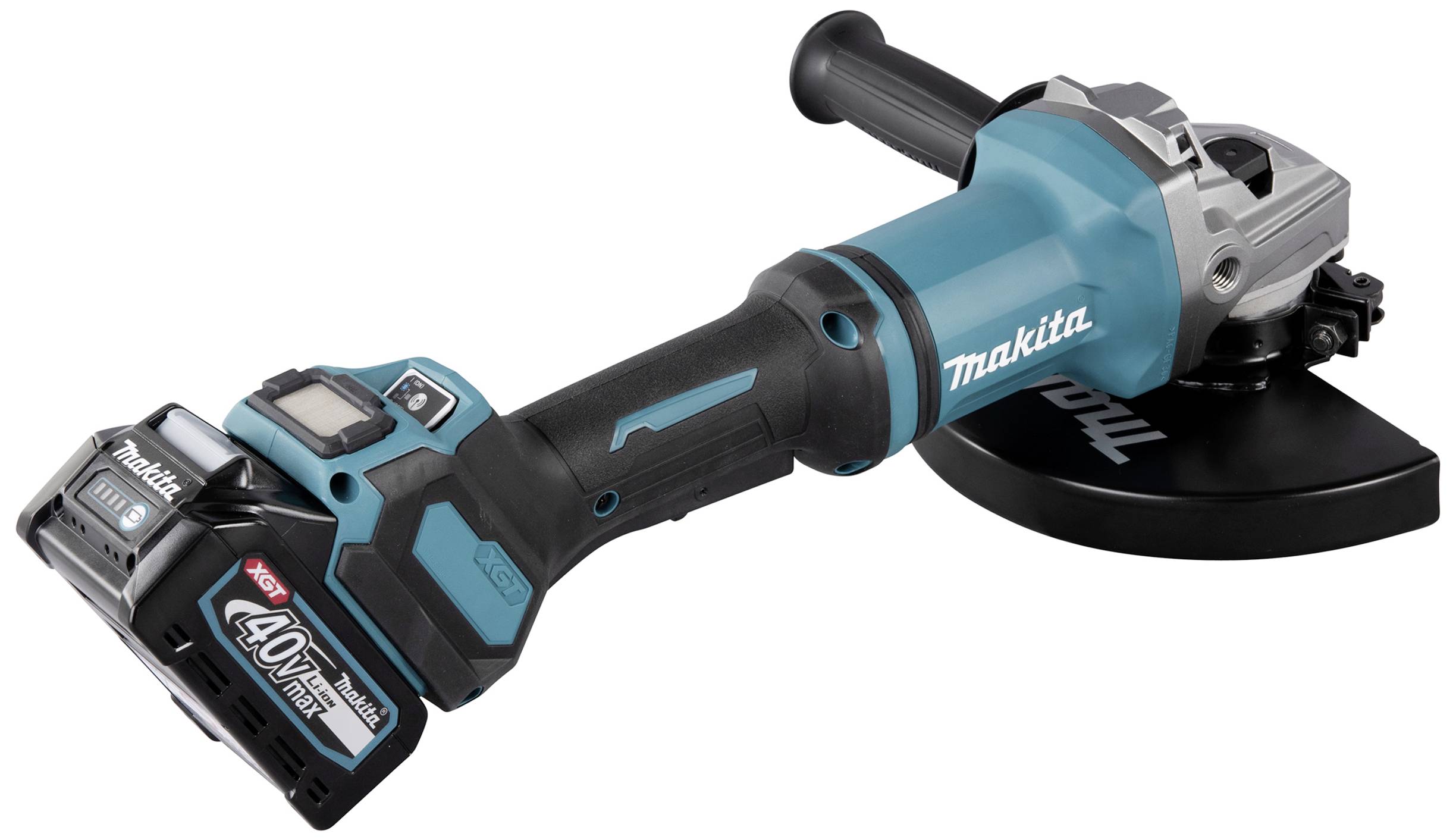 Draadloze haakse slijper van Makita, uitgerust met een 40V-accu, afgebeeld op een witte achtergrond.