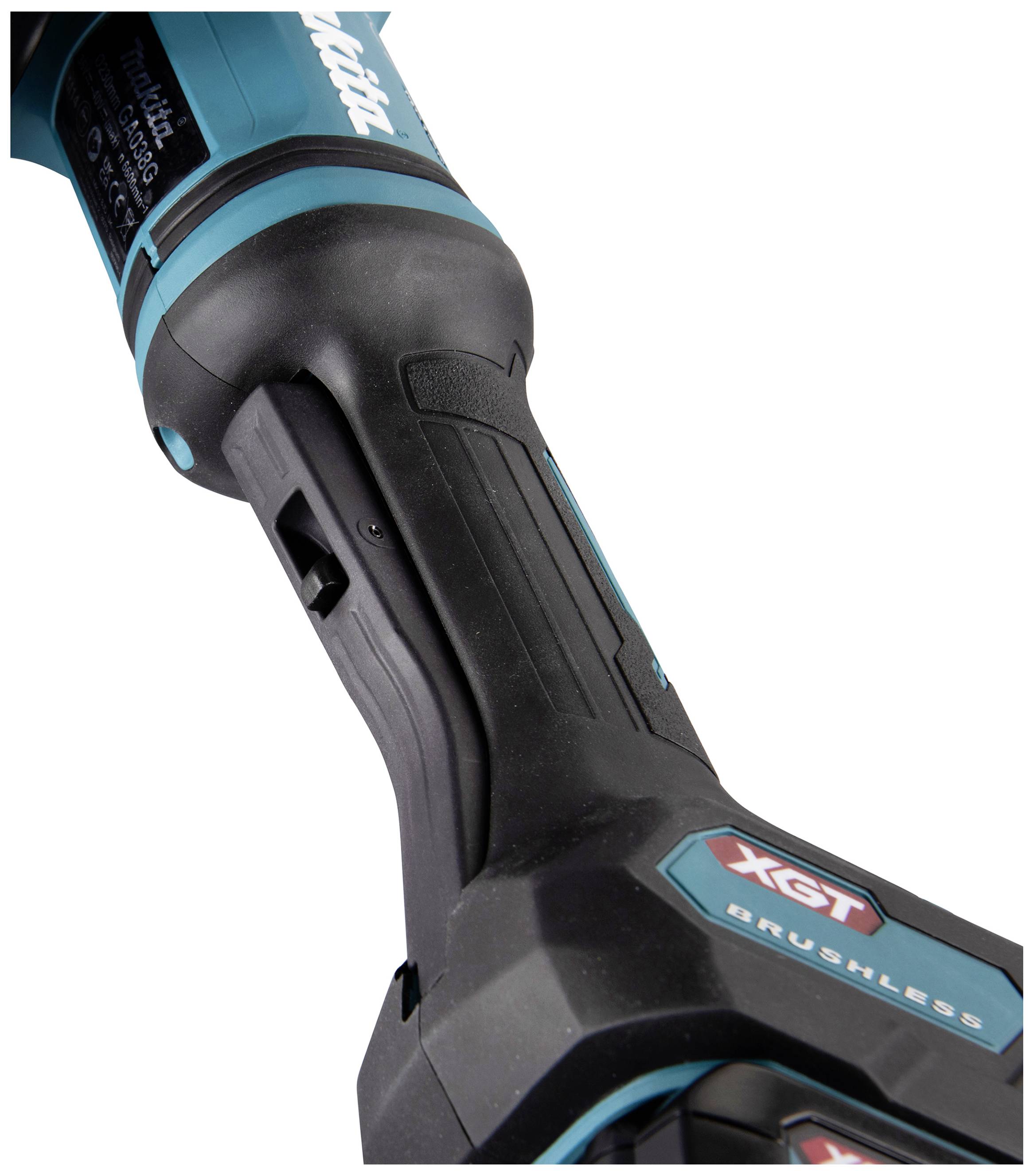 Accuschroefboormachine close-up, toont de handgreep en de aanduiding 'XGT Brushless'.