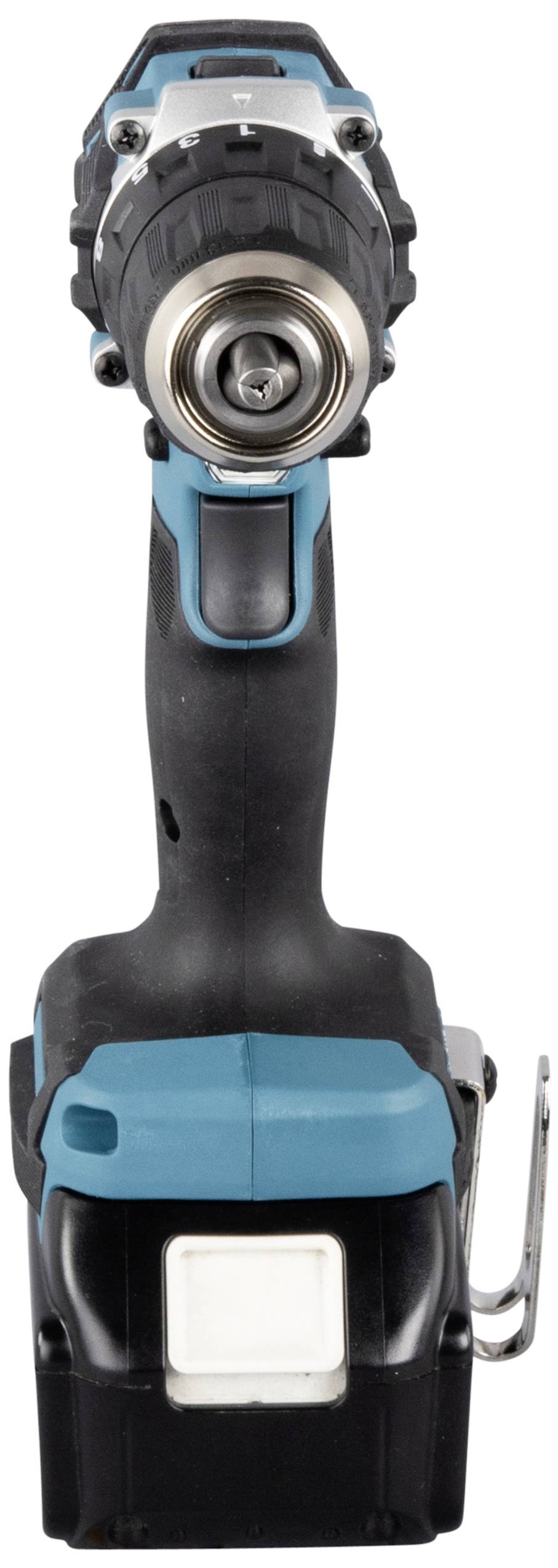 Accuschroefmachine, frontaal gefotografeerd, blauw-zwart, met metalen boorkop. Apparaat staat rechtop, focus op boorkop en handgreep.