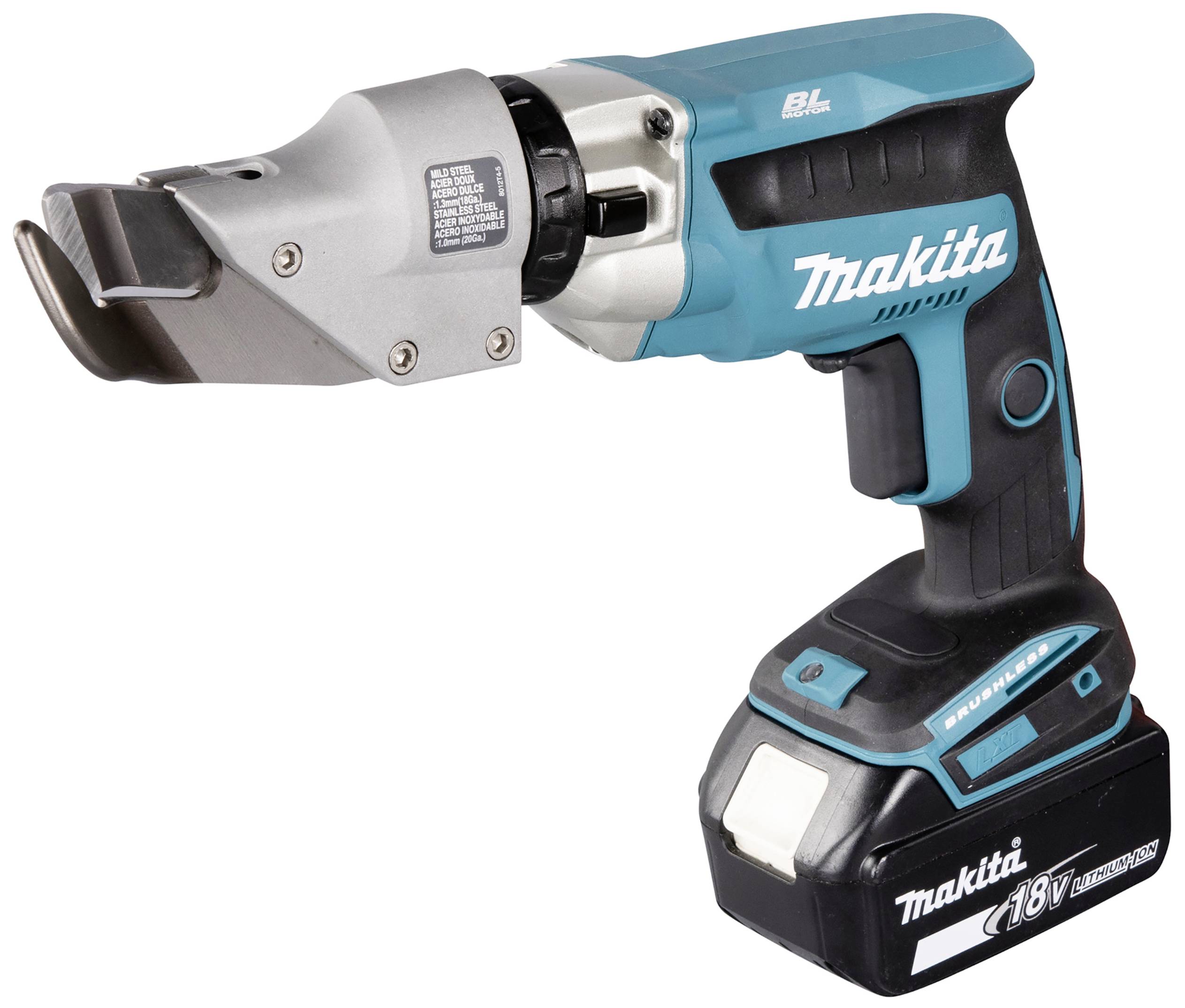 Elektrische plaatschaar met blauw-zwarte handgreep en herlaadbare accu op de basis, geschikt voor precisiewerk in metaal.