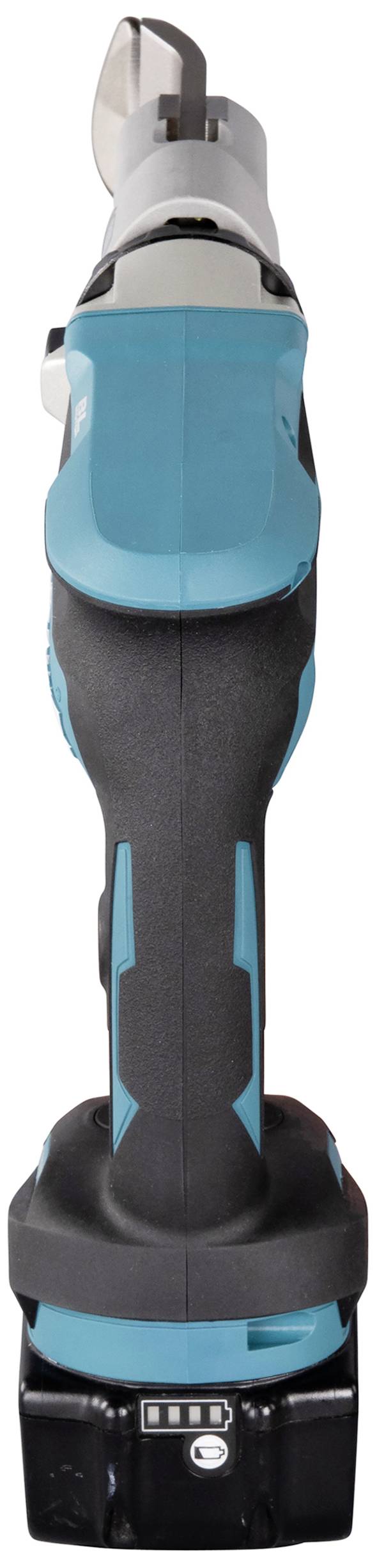 Elektrisch gereedschap in blauw en zwart, gezien van bovenaf, met een sterke, ergonomische constructie, geschikt voor professionele toepassingen.