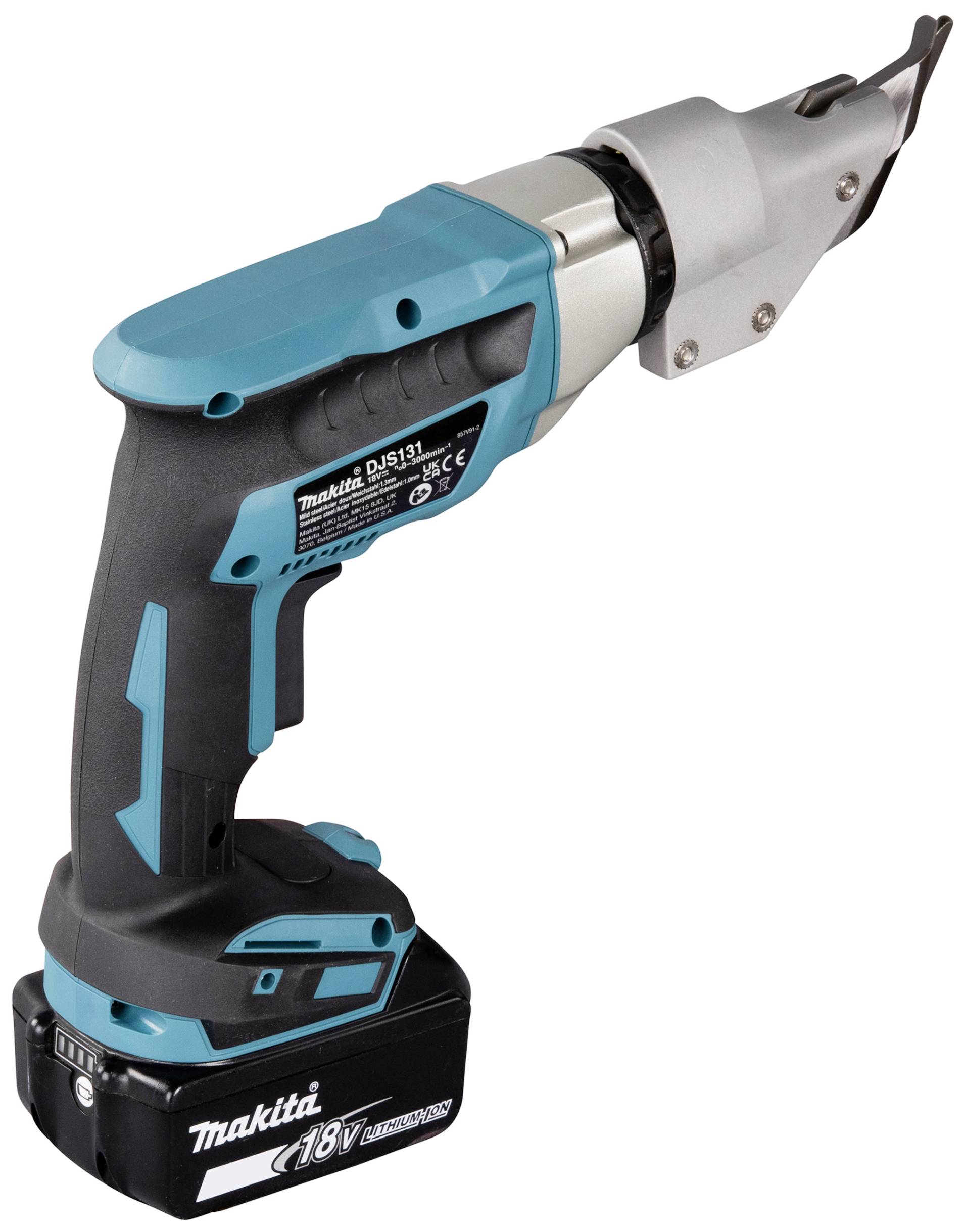 Draadloze, blauwe en zwarte blikschaar met ergonomische handgreep en verwisselbare 18V accu, geschikt voor metaalbewerking.