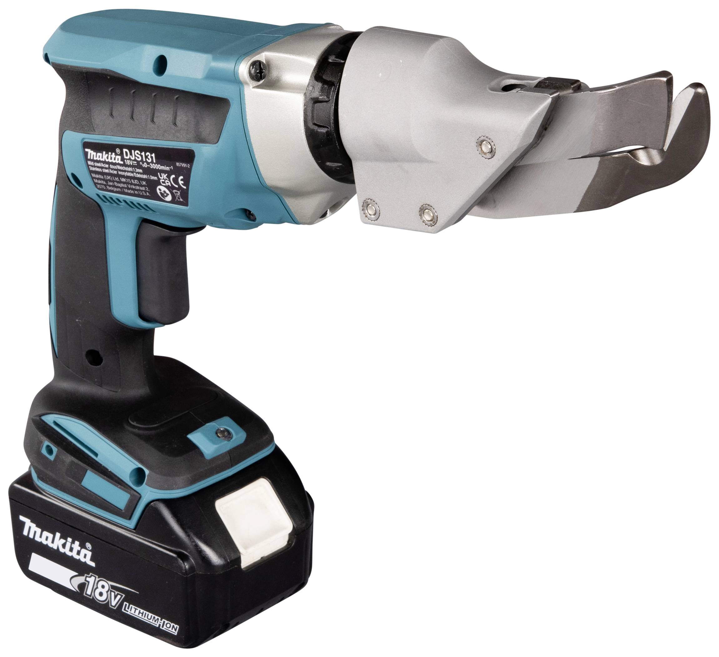 Een draadloze blikschaar in blauw en zwart. Hij beschikt over een ergonomische handgreep en is geschikt voor nauwkeurig knippen van plaatmateriaal.