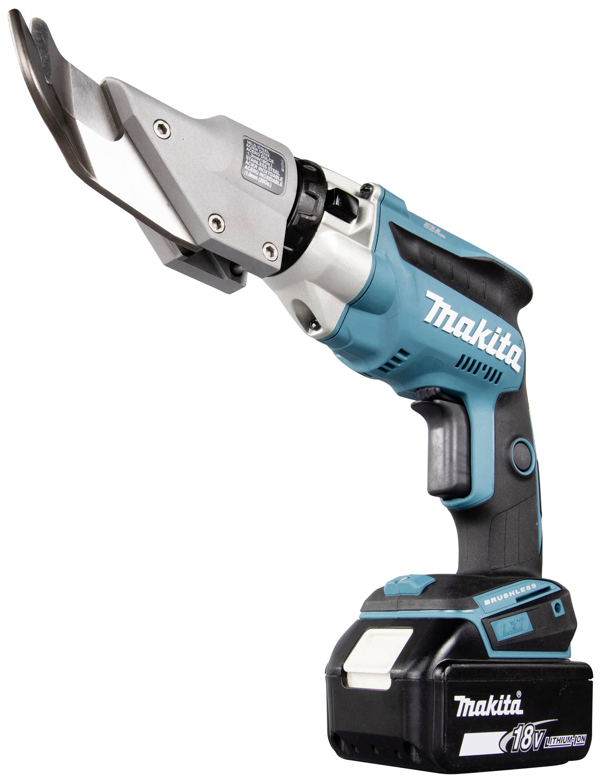 Accuschaar in blauw-zwart van Makita, model met 18V vermogen. Geschikt voor precisieknips van metaalplaten, draadloos te bedienen.