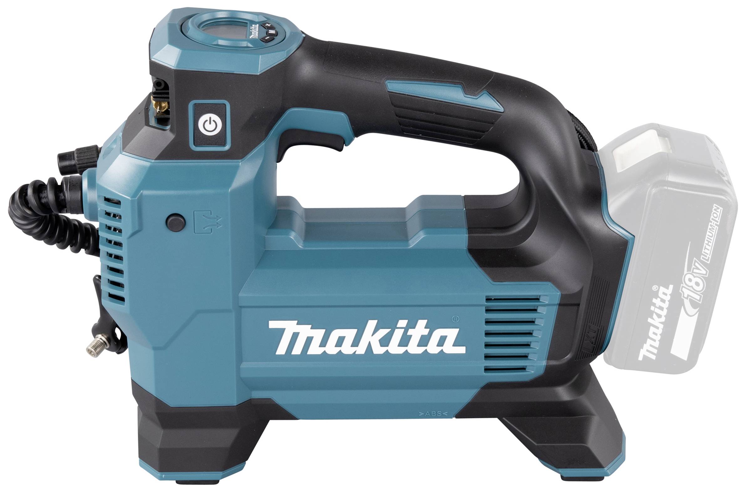 'Accu-pomp van Makita in turkoois, met ergonomische handgreep en 18V-batterijplaats, ideaal voor het oppompen van banden en sportuitrusting.'