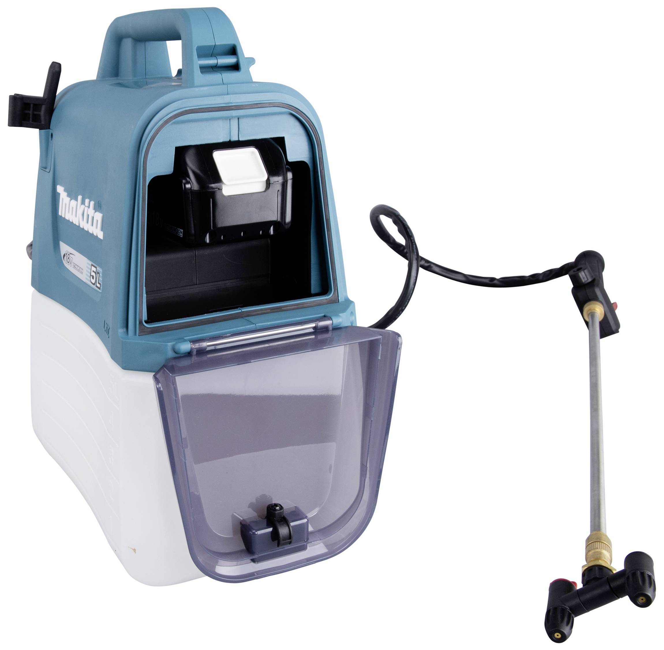 Blauwe en witte draagbare hogedrukreiniger met open watertank en afneembare spuitlans. Ideaal voor lichte reinigingswerkzaamheden.