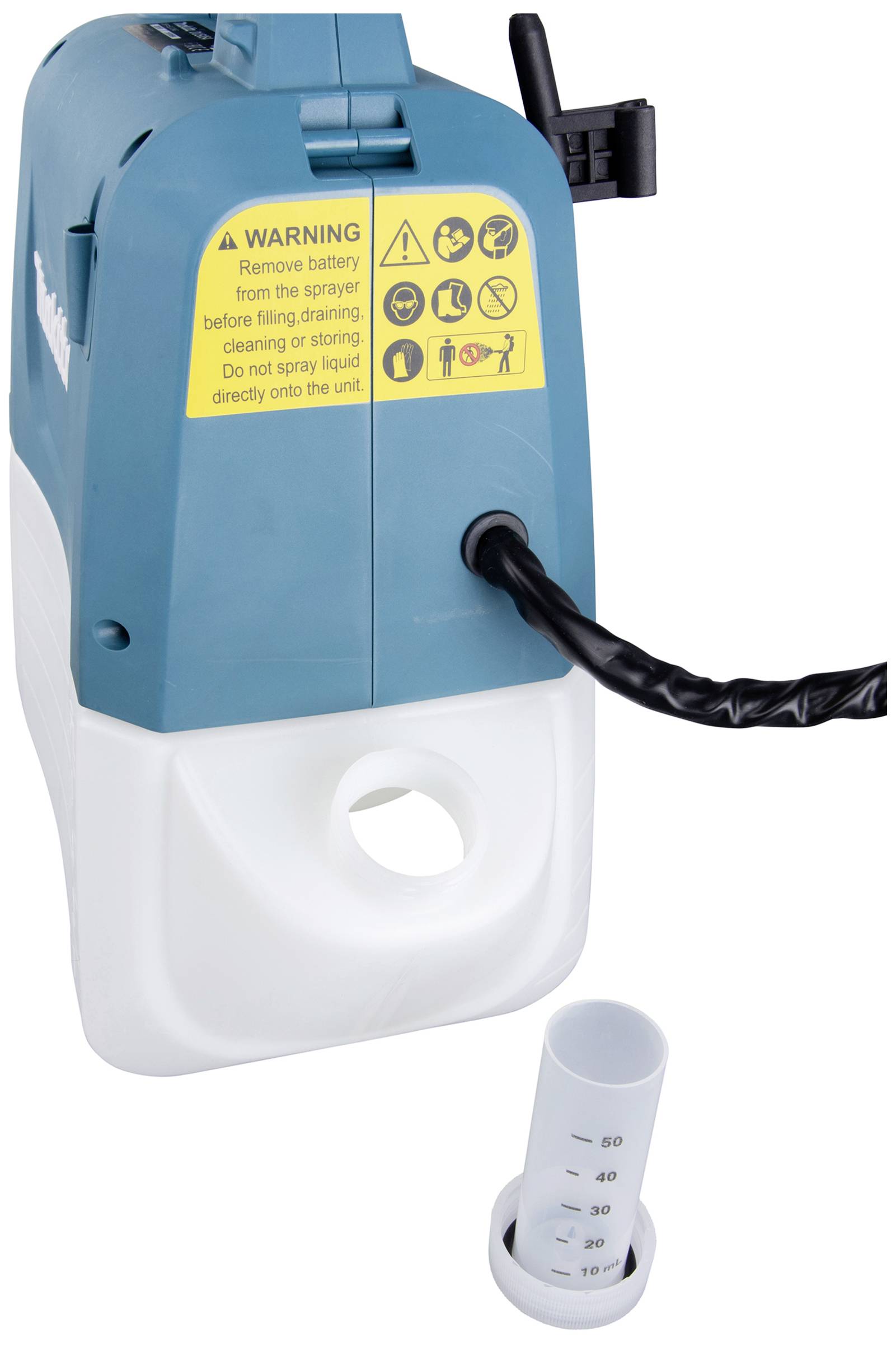 Draagbare sproeier met verwisselbare batterij en maatdop. Waarschuwingen op de bovenkant wijzen op voorzichtigheid bij gebruik.