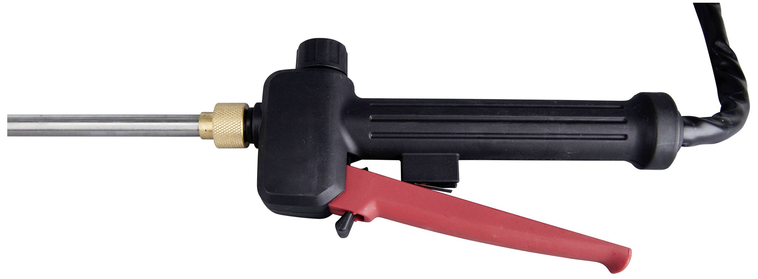 Een zwarte hogedrukreinigingsgreep met een rood gebogen hefboom. Aan het uiteinde is een metalen buis aangesloten.