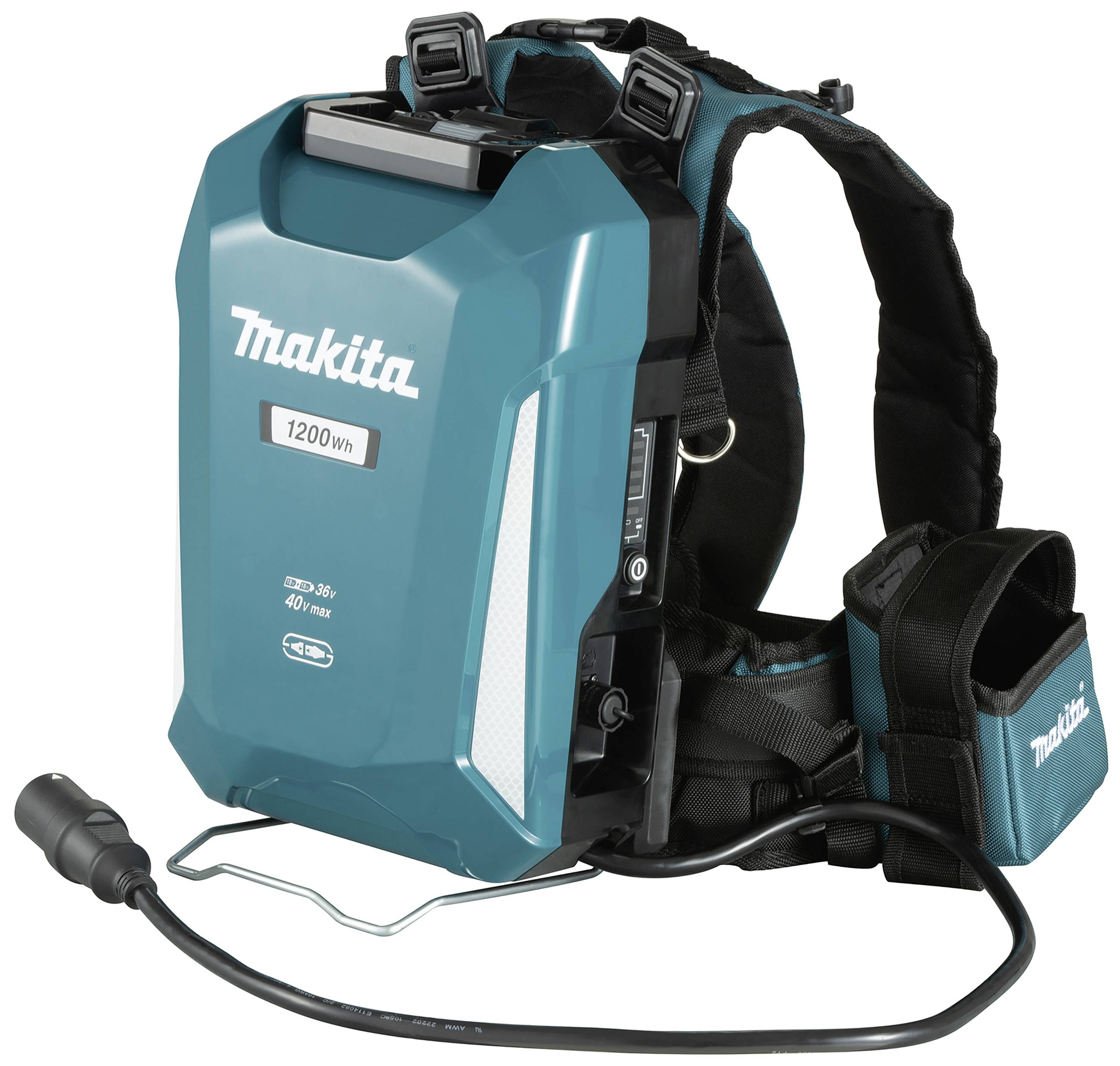 Blauwe Makita-rugzakstofzuiger met draagriem en slang. Logo, speculatieve wattage van de Duitse norm. Mobiel en draagbaar voor schoonmaakwerkzaamheden.
