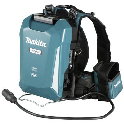 Blauwe Makita-rugzakstofzuiger met draagriem en slang. Logo, speculatieve wattage van de Duitse norm. Mobiel en draagbaar voor schoonmaakwerkzaamheden.
