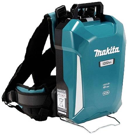 Rugzak-stofzuiger met een turquoise behuizing en een zwarte schouderband. Merknaam op het oppervlak.