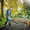 Een persoon blaast bladeren in de tuin met een blauwe bladblazer van een pad. Het is herfst, en de bomen hebben gele bladeren.