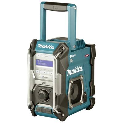 Een draagbare radio met robuuste behuizing, display en luidsprekers. Toont FM-frequentie 104,00 MHz. Kleur: Blauw met zwarte rand.