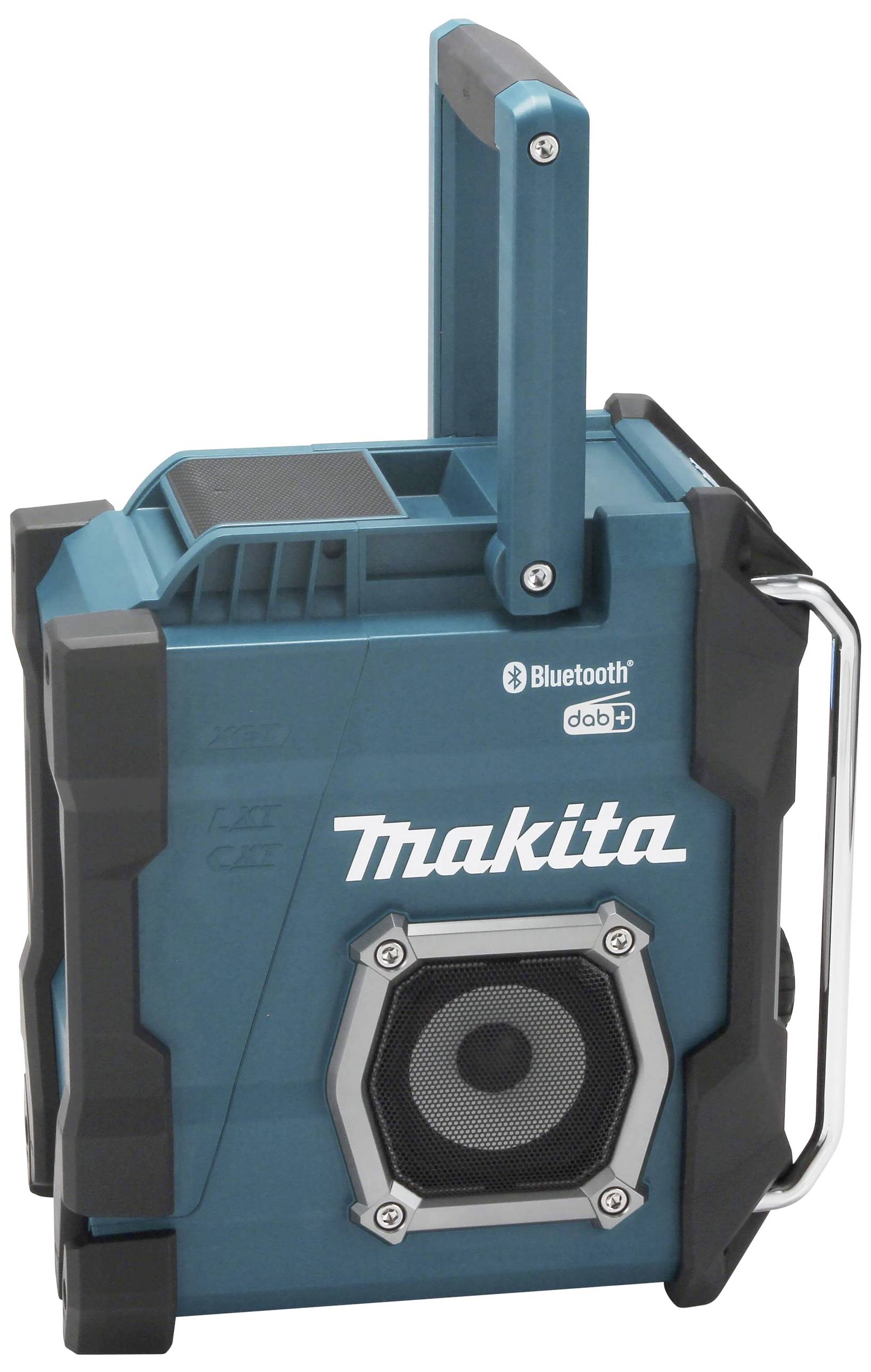 Draagbare bouwplaatsradio van Makita in blauw-zwart met Bluetooth- en DAB+ functie, robuust ontwerp en handgreep bovenaan.