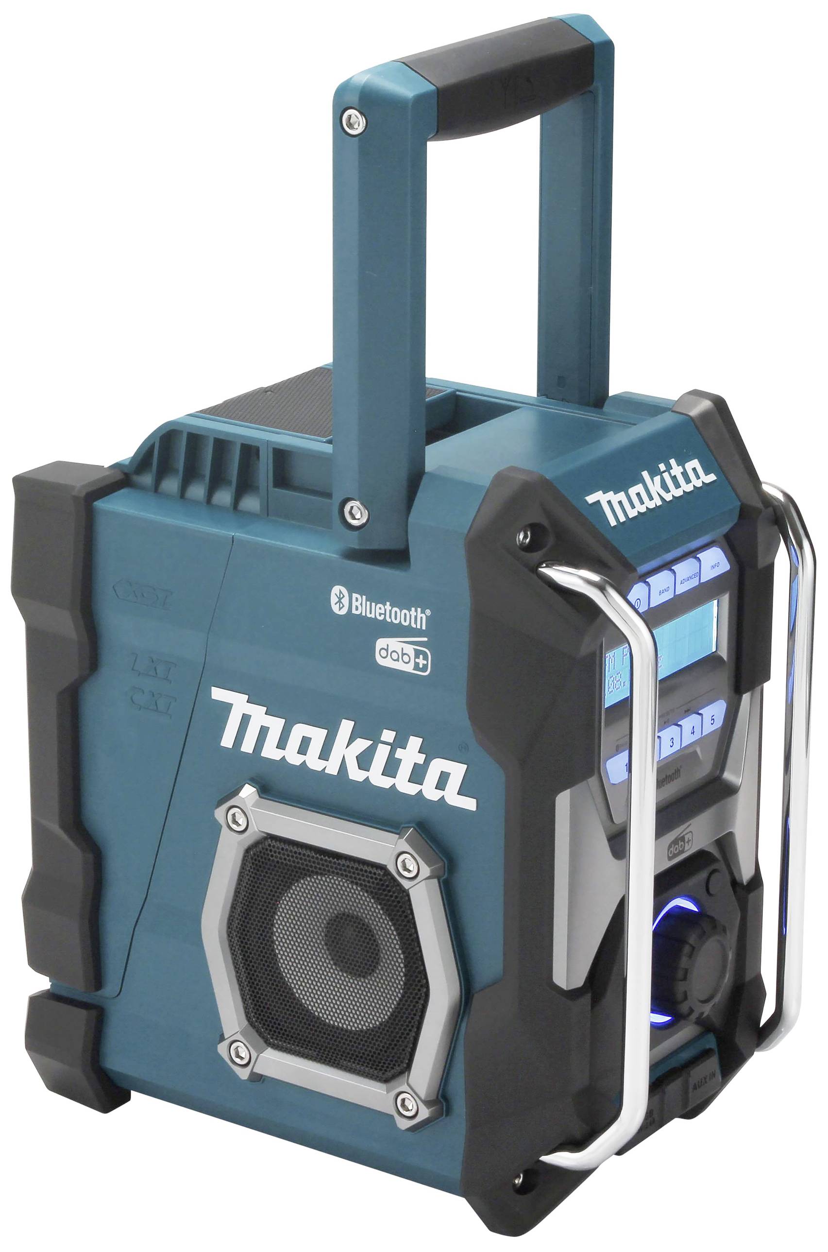 Blauwe, draagbare bouwradio van Makita, met ingebouwde luidspreker, Bluetooth-functionaliteit en robuuste handgrepen.