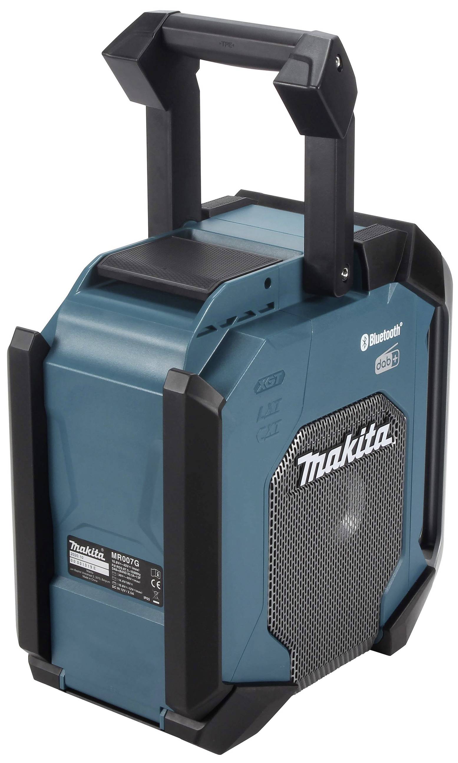 Een draagbare, blauwe Makita-radio met Bluetooth-functie en robuuste behuizing, ideaal voor bouwplaatsen of buitenactiviteiten.