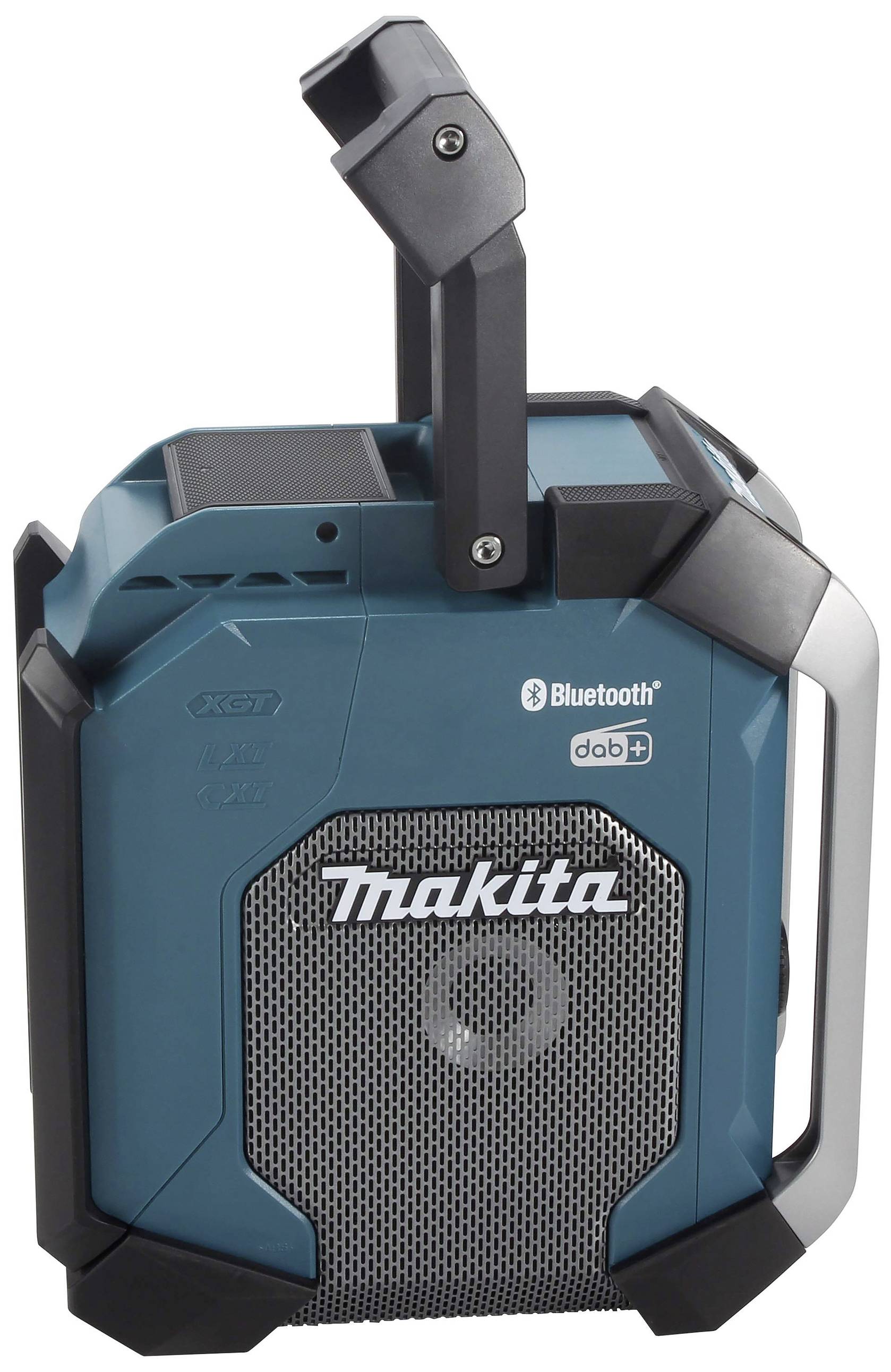 Een draagbare, turquoise radio met Bluetooth- en DAB+-functies, gemarkeerd met het merknaam. Het heeft een robuuste handgreep.